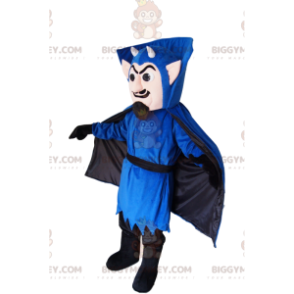 BIGGYMONKEY™ mascottekostuum van vampier in blauwe outfit, met kleine hoorns - Ontbrekende dierenmascottes - BiggyMonkey.com
