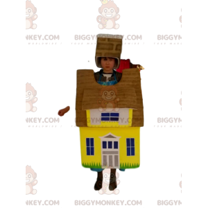 Gult og brunt hus BIGGYMONKEY™ maskotkostume. hus kostume -