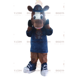 Bruin paard BIGGYMONKEY™ mascotte kostuum met blauwe hoed en
