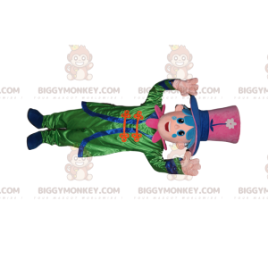 Στολή μασκότ BIGGYMONKEY™ χιονάνθρωπου με πράσινη στολή και μεγάλο ροζ καπέλο
