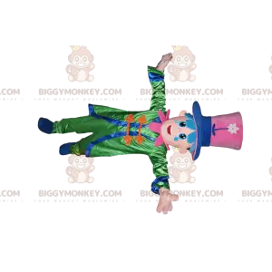 Lumiukko BIGGYMONKEY™ maskottiasu, jossa vihreä asu ja iso