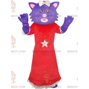 BIGGYMONKEY™ mascot costume of purple cat with red dress. pussy