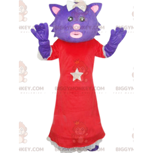 Kostium maskotki BIGGYMONKEY™ z fioletowego kota w czerwonej