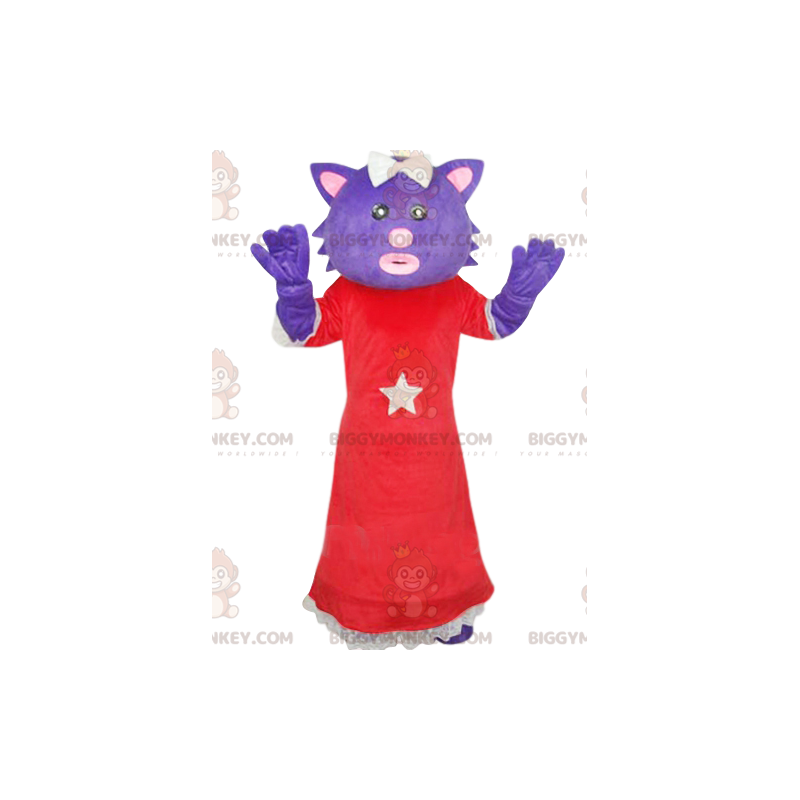 BIGGYMONKEY™ maskotkostume af lilla kat med rød kjole. fisse BIGGYMONKEY™ maskotkostume af lilla kat med rød kjole. fisse