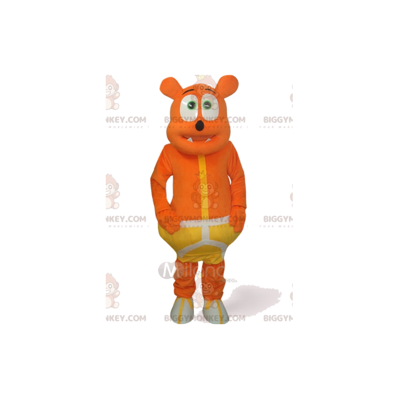 Funny Orange Bear BIGGYMONKEY™ Mascot Costume With Yellow Suit Funny Orange Bear BIGGYMONKEY™ Mascot Costume With Yellow Suit