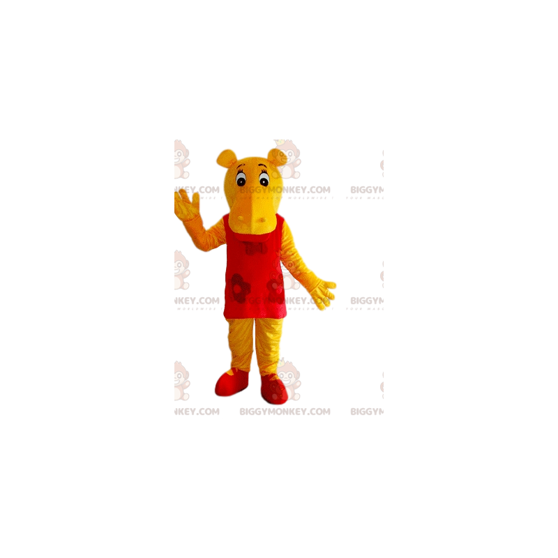 BIGGYMONKEY™ Mascot Costume Yellow Hippopotamus With Red Dress