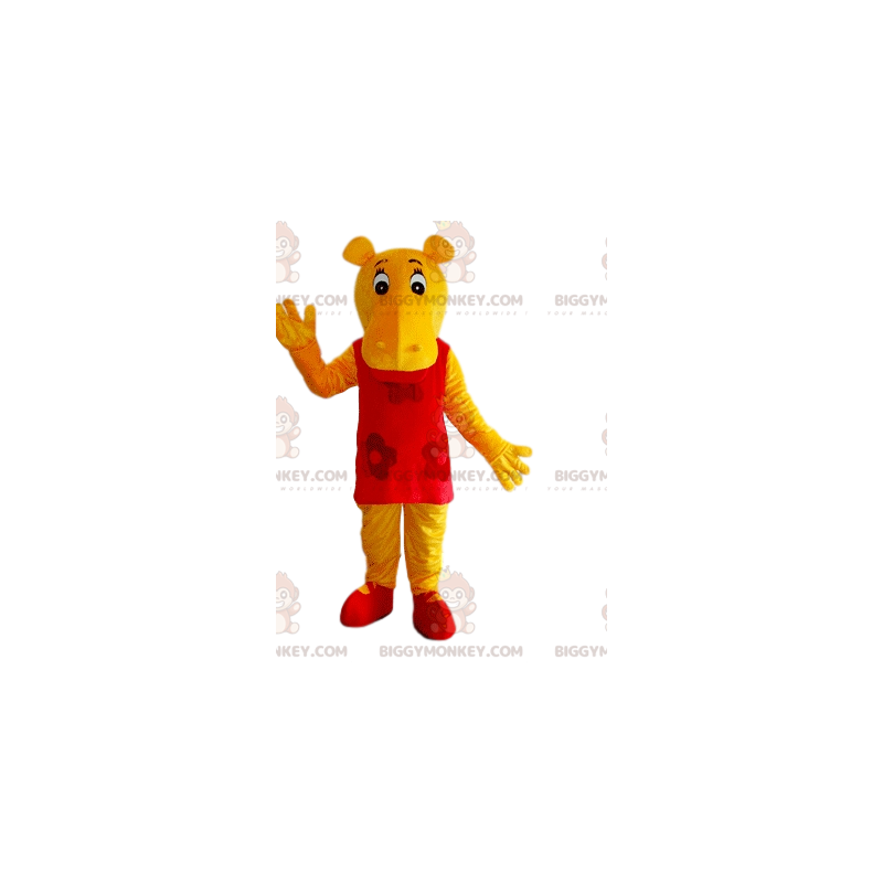 BIGGYMONKEY™ Mascottekostuum Geel nijlpaard met rode jurk - BIGGYMONKEY™ Mascottekostuum Geel nijlpaard met rode jurk -