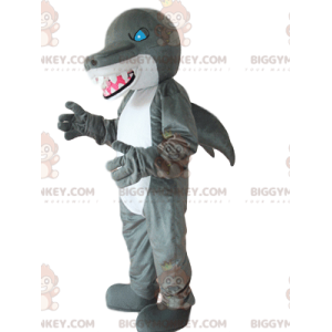 Disfraz de mascota BIGGYMONKEY™ de tiburón gris y blanco, con