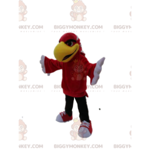 Fato de mascote BIGGYMONKEY™ de águia vermelha com um grande bico amarelo. fantasia de águia - Mascote pássaro - BiggyMonkey.com