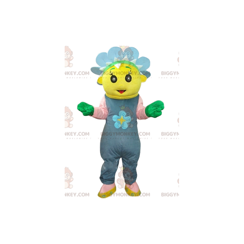 BIGGYMONKEY™ maskotkostume gul karakter med blå blomsterkrone -