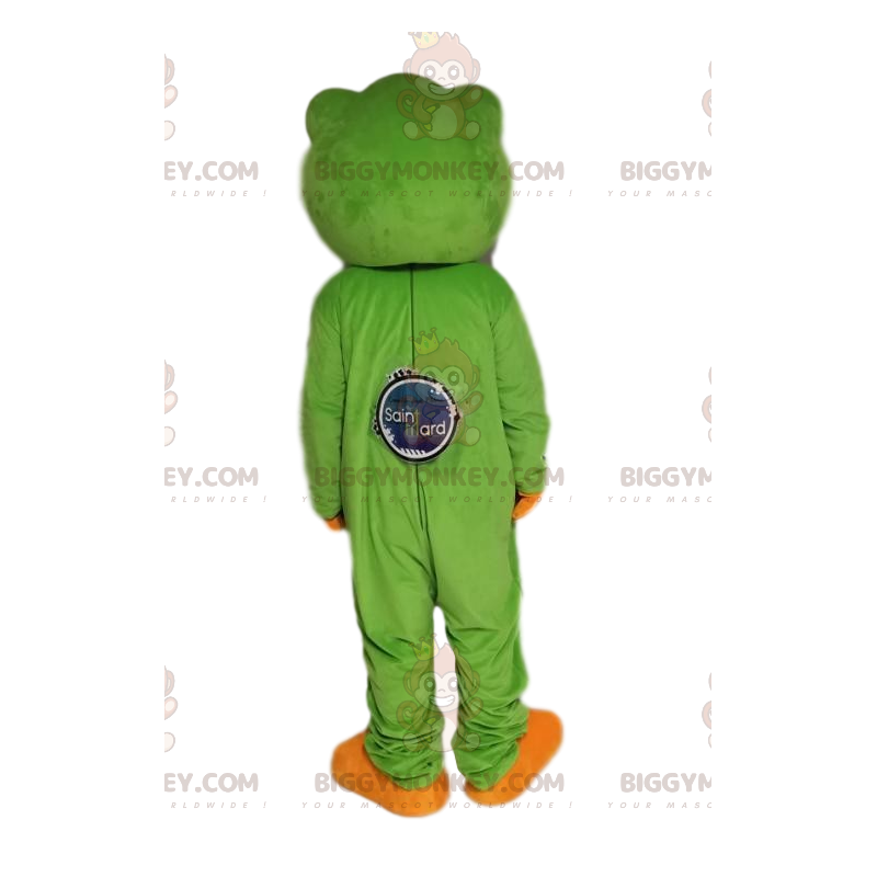 Traje de mascote BIGGYMONKEY™ de sapo verde muito amigável.