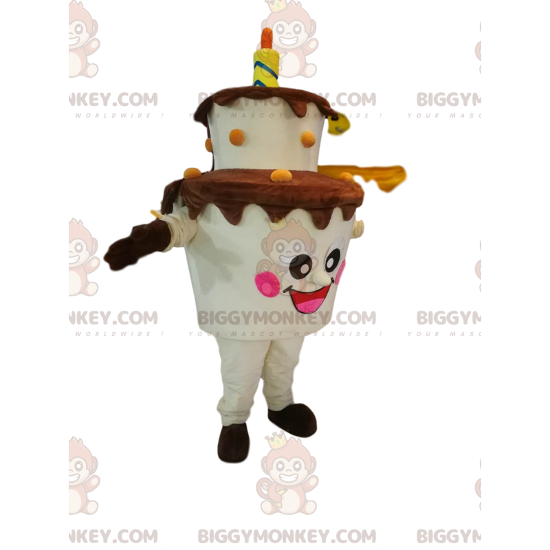 BIGGYMONKEY™ mascottekostuum met twee lagen taart, met kaars. BIGGYMONKEY™ mascottekostuum met twee lagen taart, met kaars.