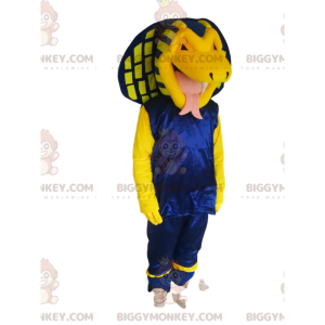 Στολή μασκότ BIGGYMONKEY™ με κίτρινο φίδι κόμπρα σε μπλε στολή.