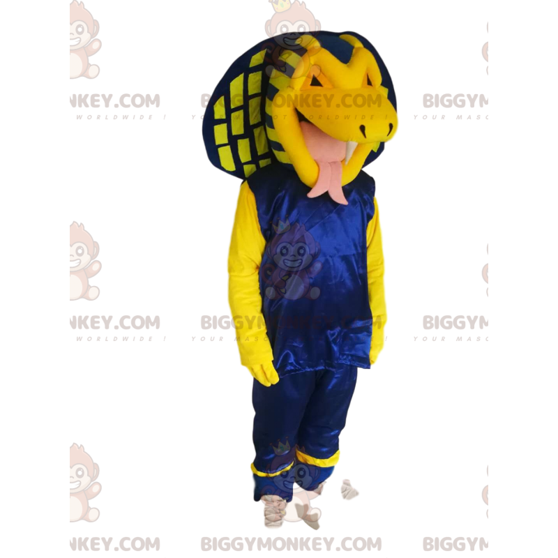 Disfraz de mascota BIGGYMONKEY™ de serpiente cobra amarilla con Disfraz de mascota BIGGYMONKEY™ de serpiente cobra amarilla con