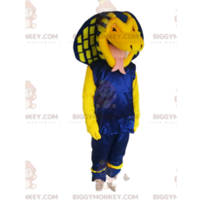  Kostium maskotki BIGGYMONKEY™ z żółtego węża kobry w niebieskim stroju. garnitur węża - Maskotki węża - BiggyMonkey.com
