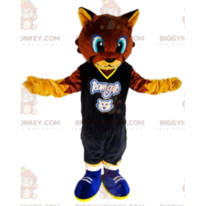 Costume de mascotte BIGGYMONKEY™ de chat marron avec un maillot de supporter - Mascottes de chat - BiggyMonkey.com