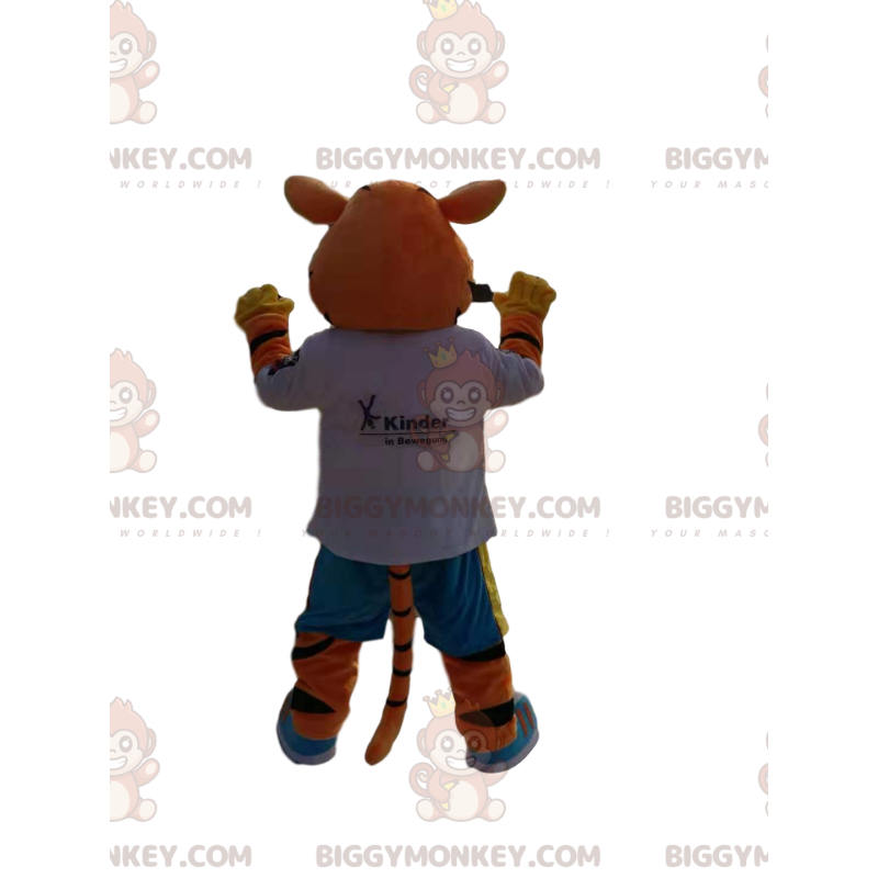 Costume de mascotte BIGGYMONKEY™ de tigre rigolo, avec un jeans Costume de mascotte BIGGYMONKEY™ de tigre rigolo, avec un jeans