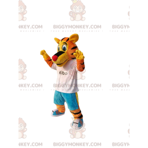 Legrační kostým maskota tygra BIGGYMONKEY™ s modrými džínami a