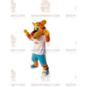 Αστεία στολή μασκότ τίγρης BIGGYMONKEY™, με μπλε τζιν και λευκό