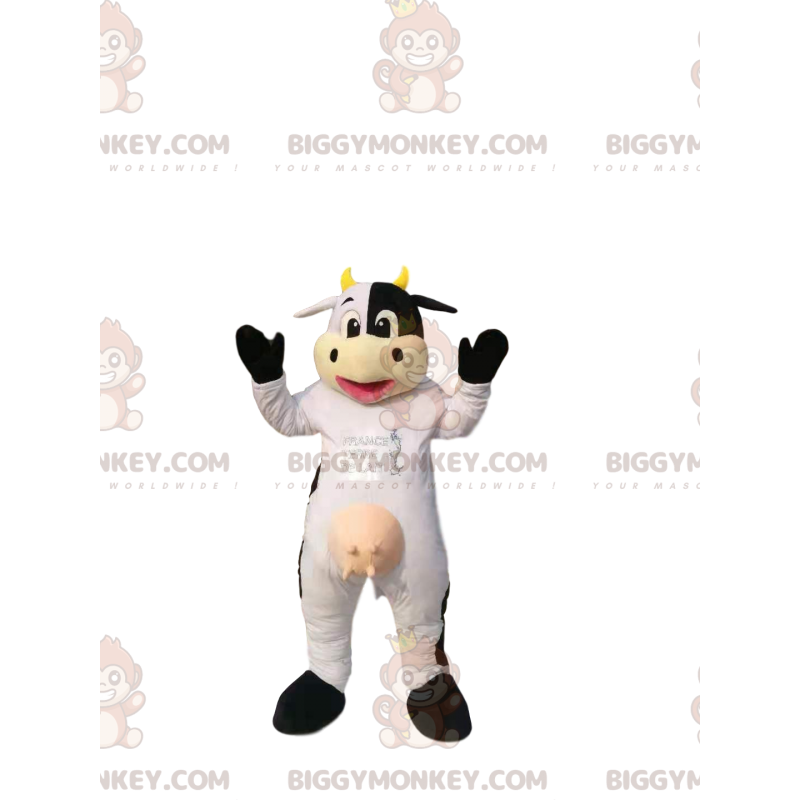 BIGGYMONKEY™ mascottekostuum van witte en zwarte koe, met gele BIGGYMONKEY™ mascottekostuum van witte en zwarte koe, met gele