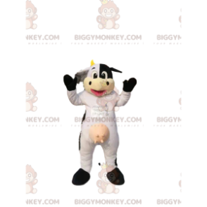 Kostým maskota BIGGYMONKEY™ bílé a černé krávy se žlutými rohy.