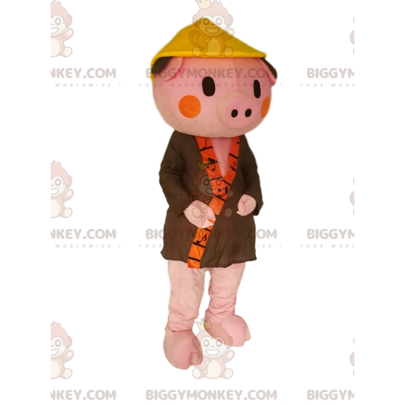 Traje de mascote de porco rosa BIGGYMONKEY™ com roupão cáqui e