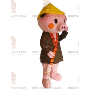 BIGGYMONKEY™ Pink Pig Mascot Costume with Khaki Bathrobe and