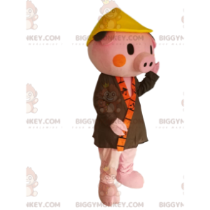 BIGGYMONKEY™ Rosa Schwein-Maskottchen-Kostüm mit khakifarbenem