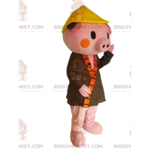 Traje de mascote de porco rosa BIGGYMONKEY™ com roupão cáqui e chapéu chinês - Mascotes de porco - BiggyMonkey.com