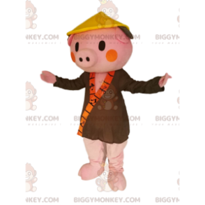 BIGGYMONKEY™ Rosa Schwein-Maskottchen-Kostüm mit khakifarbenem