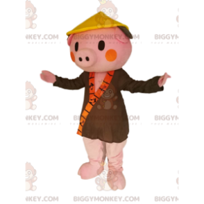 Traje de mascote de porco rosa BIGGYMONKEY™ com roupão cáqui e chapéu chinês - Mascotes de porco - BiggyMonkey.com