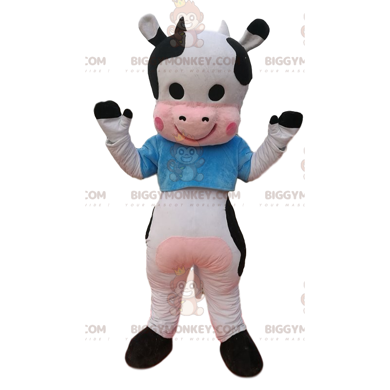 BIGGYMONKEY™ mascottekostuum zwart-witte koe met blauwe jersey BIGGYMONKEY™ mascottekostuum zwart-witte koe met blauwe jersey