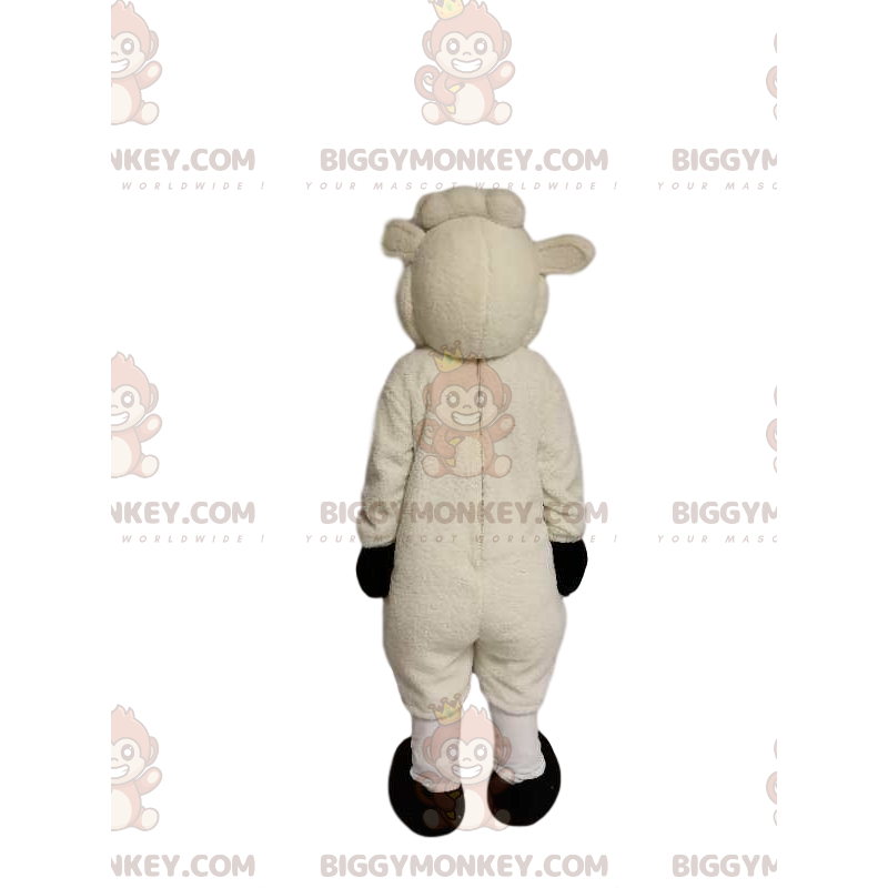 Erittäin hymyilevä valkoinen lammas BIGGYMONKEY™ maskottiasu. Erittäin hymyilevä valkoinen lammas BIGGYMONKEY™ maskottiasu.