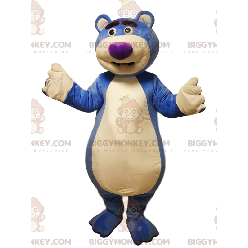 BIGGYMONKEY™ mascottekostuum van een blauwe beer met een paarse BIGGYMONKEY™ mascottekostuum van een blauwe beer met een paarse