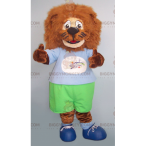 Traje de mascote BIGGYMONKEY™ de leão marrom todo peludo em