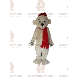 Jääkarhu BIGGYMONKEY™ maskottiasu, jossa punainen jouluhattu ja huivi - Karhun maskotti - BIGGYMONKEY_013138 - BiggyMonkey.com