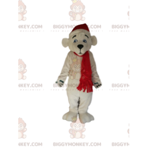 Jääkarhu BIGGYMONKEY™ maskottiasu, jossa punainen jouluhattu ja huivi - Karhun maskotti - BIGGYMONKEY_013138 - BiggyMonkey.com