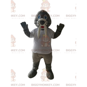Kostým maskota Mrože BIGGYMONKEY™ s velkými kly a bílým tričkem