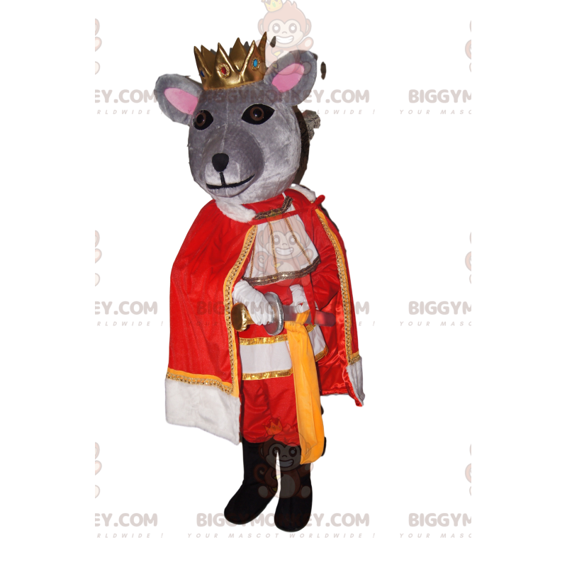 Kostium maskotki BIGGYMONKEY™ Szara mysz ze złotą koroną i Kostium maskotki BIGGYMONKEY™ Szara mysz ze złotą koroną i