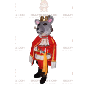Traje de mascote BIGGYMONKEY™ Rato Cinza com Coroa Dourada e