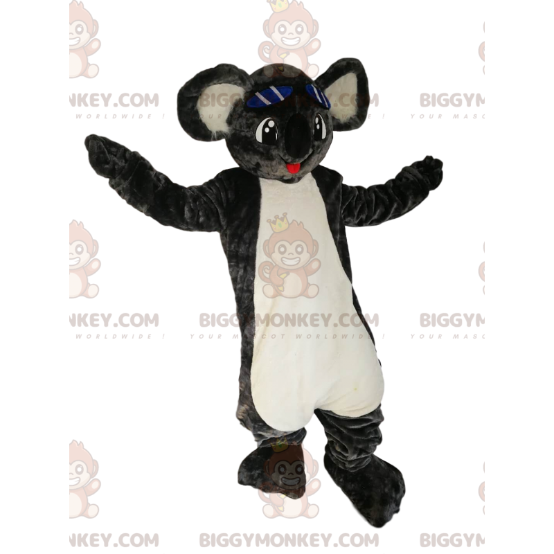 BIGGYMONKEY™ costume da mascotte di koala grigio con un grande BIGGYMONKEY™ costume da mascotte di koala grigio con un grande