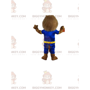 Brown lion BIGGYMONKEY™ mascot costume with blue and yellow