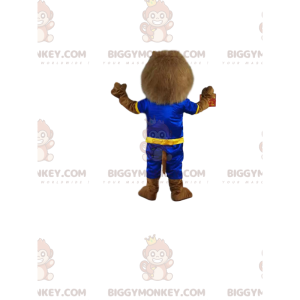 Στολή μασκότ καφέ λιονταριού BIGGYMONKEY™ με μπλε και κίτρινα