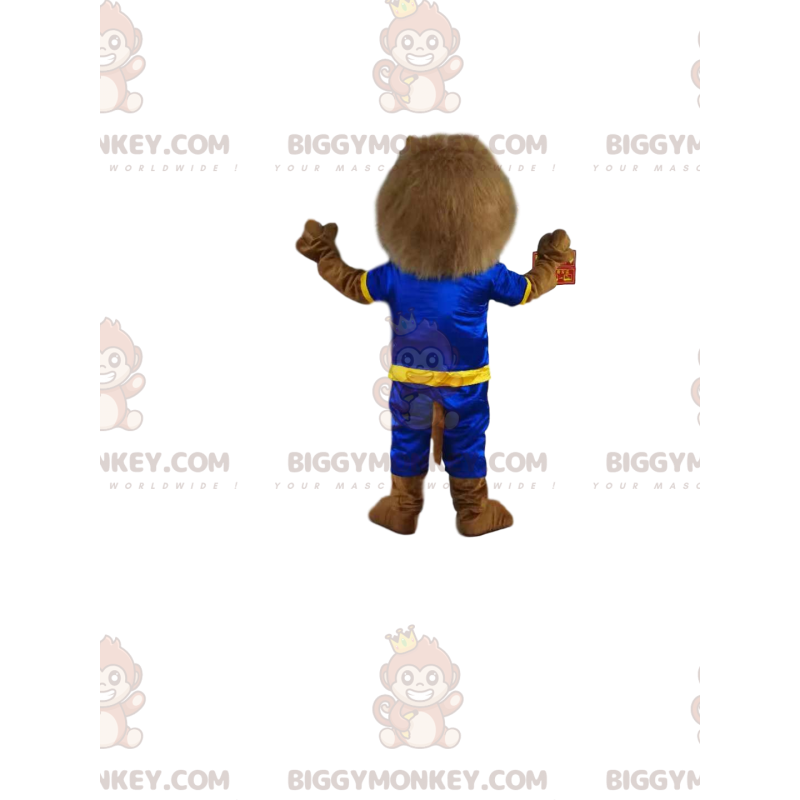 Brunt lejon BIGGYMONKEY™ maskotdräkt med blå och gula Brunt lejon BIGGYMONKEY™ maskotdräkt med blå och gula