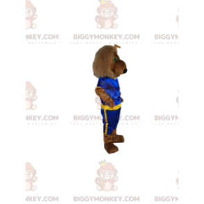 Brown lion BIGGYMONKEY™ mascot costume with blue and yellow