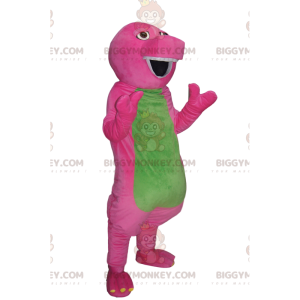 Fuchsia och grön komisk dinosaurie BIGGYMONKEY™ maskotdräkt.