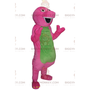 Traje de mascote BIGGYMONKEY™ de dinossauro fúcsia e verde em