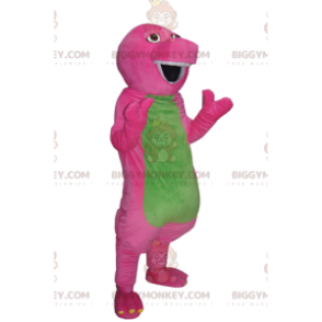  Fuksia ja vihreä sarjakuvadinosauruksen BIGGYMONKEY™ maskottiasu. dinosaurus puku - Dinosaurusten maskotit - BiggyMonkey.com