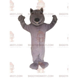 Disfraz de mascota BIGGYMONKEY™ de lobo gris sonriente. disfraz