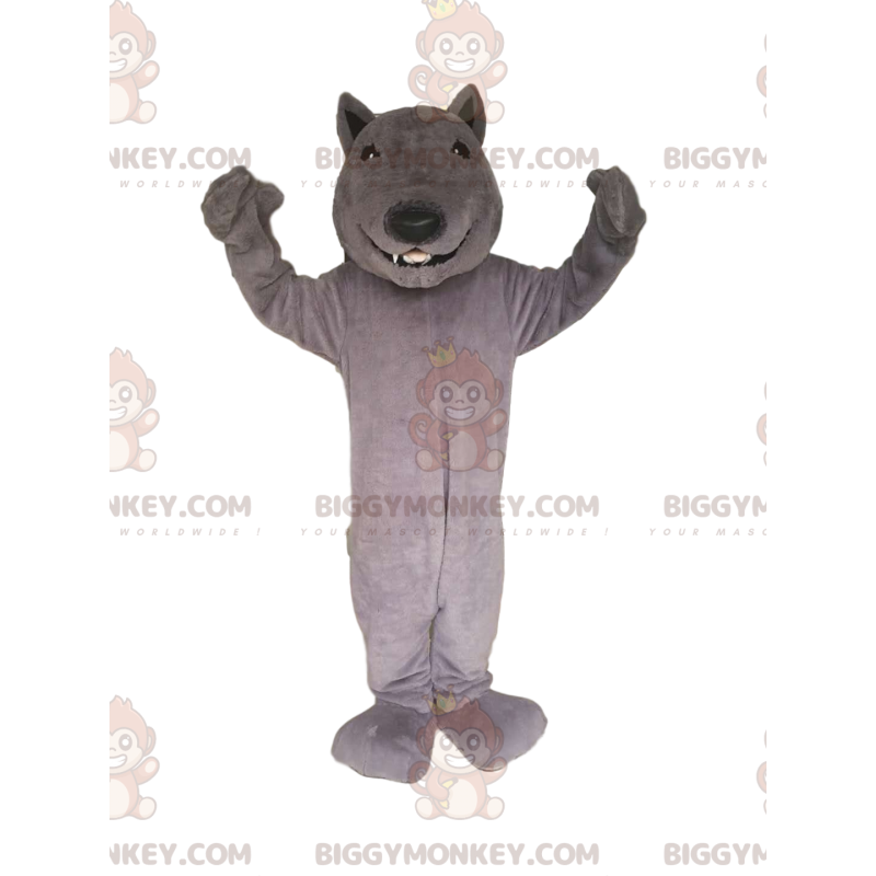 Lächelnder grauer Wolf BIGGYMONKEY™ Maskottchen-Kostüm. Wolf Lächelnder grauer Wolf BIGGYMONKEY™ Maskottchen-Kostüm. Wolf